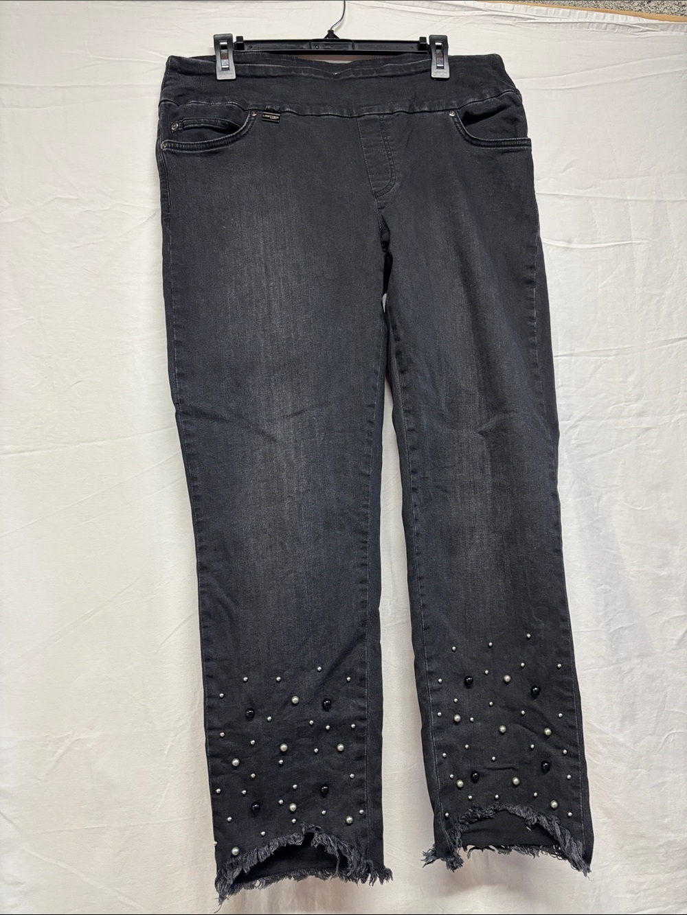 Black Embellished Jeans with Frayed Hem